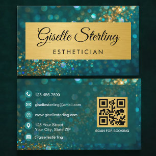 Carte De Visite Code QR Esthéticienne de Luxe Paillettes Turquoise