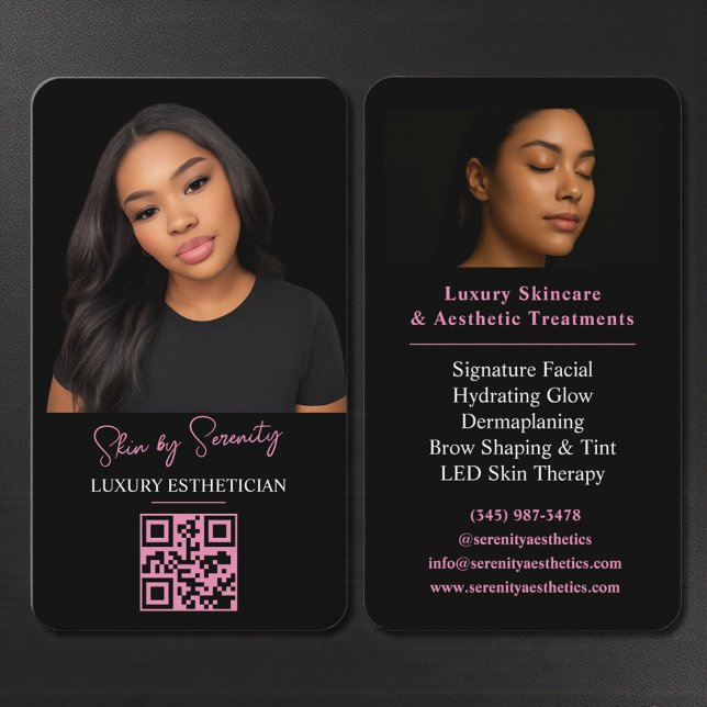 Carte De Visite Code QR Esthéticienne Rose Luxe Beauté Noire (Créateur téléchargé)