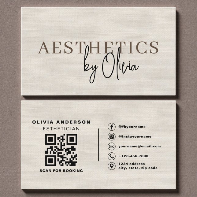 Carte De Visite Code QR Esthéticienne Soins de Peau Lin Neutre  (Créateur téléchargé)