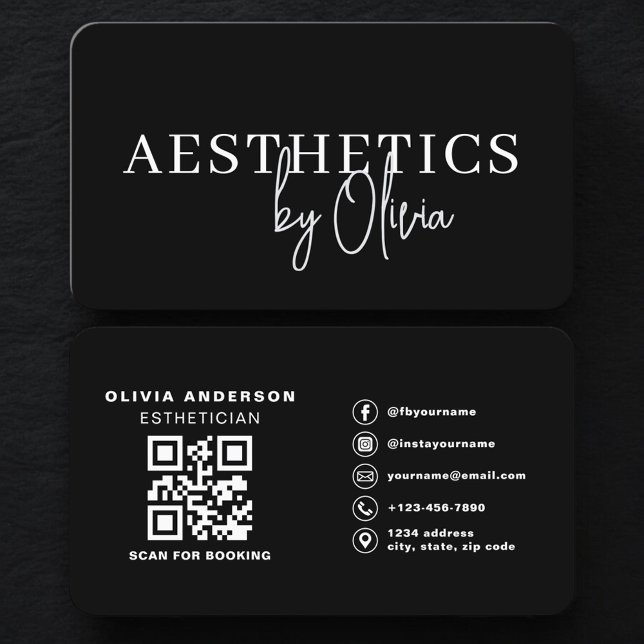 Carte De Visite Code QR Esthéticienne Soins de Peau Noir Blanc (Créateur téléchargé)