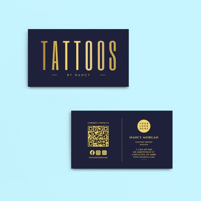 Carte De Visite Code QR et logo d'artiste de tatouage Navy et Or (Créateur téléchargé)