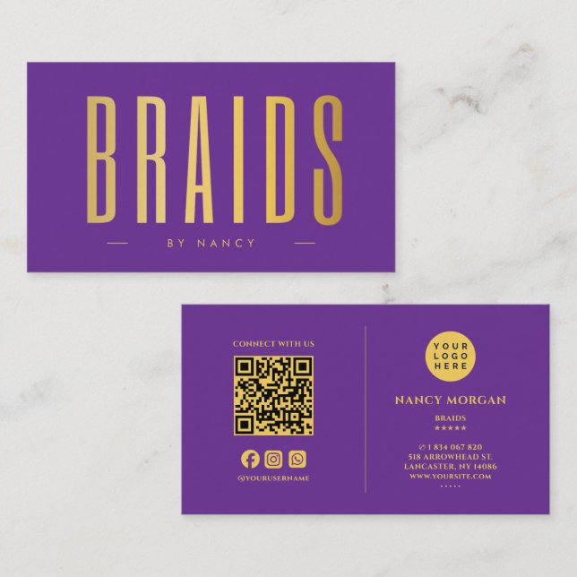 Carte De Visite Code QR et logo de tresses violet et or (Devant / Derrière)