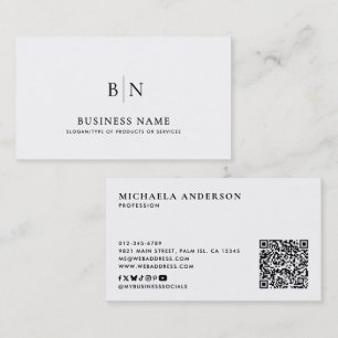 Carte De Visite Code QR et médias sociaux à monogramme minimaliste