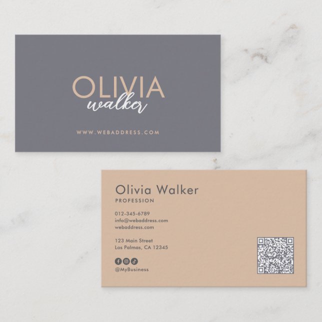 Carte De Visite Code QR et médias sociaux Elegant Script (Devant / Derrière)