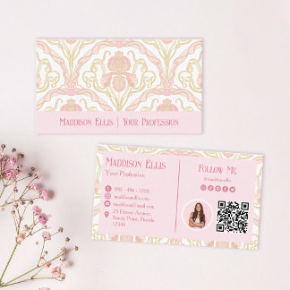 Carte De Visite Code QR et photo floraux Art nouveau rose poudré 