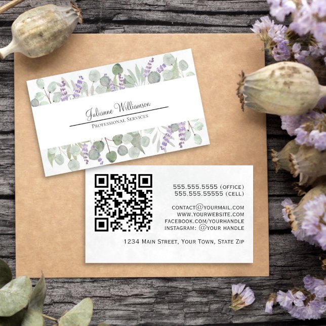Carte De Visite Code QR Eucalyptus et Lavande Aquarelle Rustique (Front/Back)