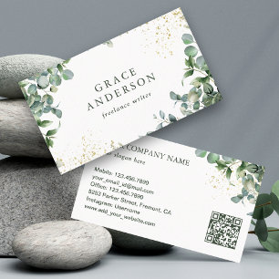 Carte De Visite Code QR Eucalyptus Or Doré à la Verdure Rustique