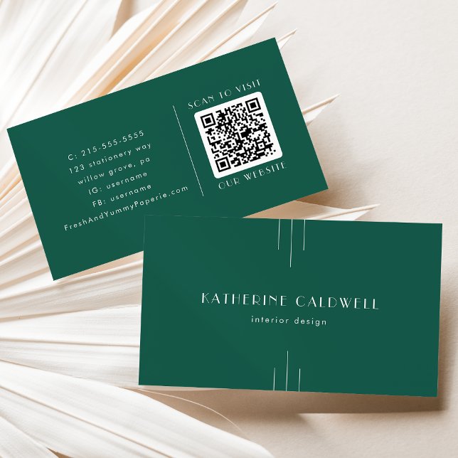 Carte de visite code QR EVERLY Jewel Tone Art Déco (EVERLY Jewel Tone Art Deco Emerald Green QR Code Business Card)