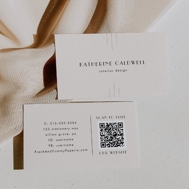 Carte de visite code QR Everly Retro Art Déco ivoi (EVERLY Retro Art Deco Ivory Gold Black QR Code Business Card)