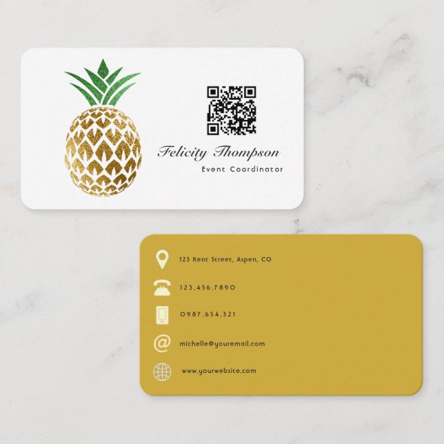 Carte De Visite Code QR Faux Ananas en Feuille d'Or (Devant / Derrière)