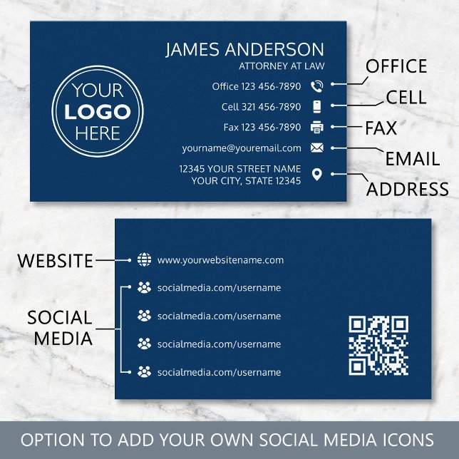Carte De Visite Code QR Fax Logo d'entreprise Navy Professionnel (Créateur téléchargé)