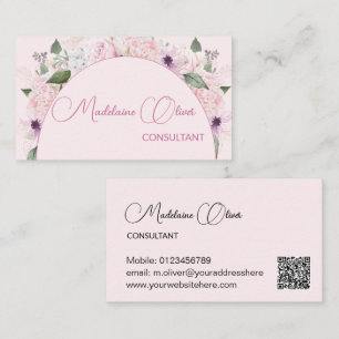 Carte De Visite Code QR féminin moderne rose floral