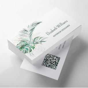 Carte De Visite Code QR Feuilles tropicales aquarelle