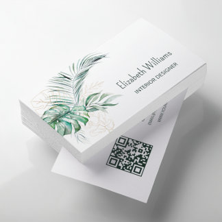 Carte De Visite Code QR | Feuilles tropicales aquarelle