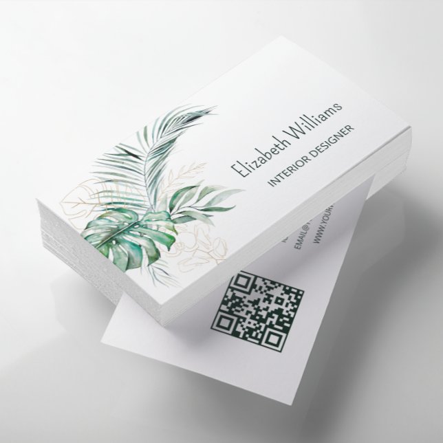 Carte De Visite Code QR | Feuilles tropicales aquarelle (Créateur téléchargé)