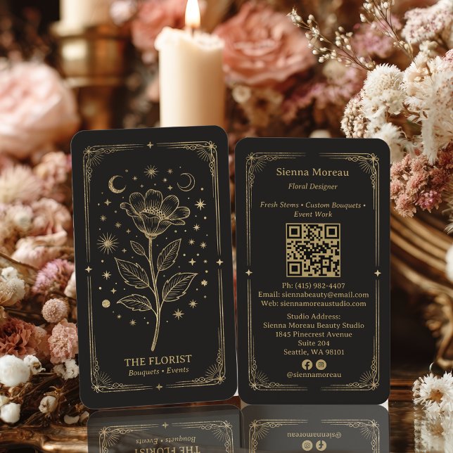 Carte De Visite Code QR Fleuriste Tarot Céleste Rétro Or (Gold Retro Celestial Tarot Florist QR Code Business Card)