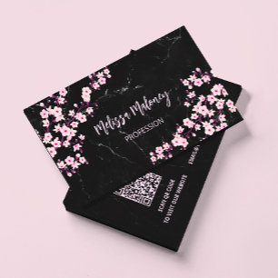 Carte De Visite Code QR   Fleurs de cerisier Rose Marbre Noir