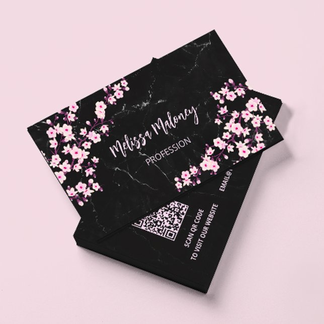 Carte De Visite Code QR | Fleurs de cerisier Rose Marbre Noir (Créateur téléchargé)