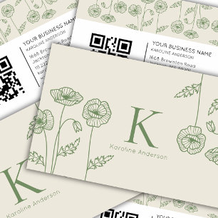 Carte De Visite Code QR Fleurs de Pavot Écru Vert Botanique Élégan