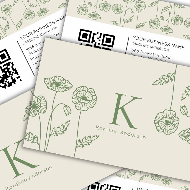 Carte De Visite Code QR Fleurs de Pavot Écru Vert Botanique Élégan (Créateur téléchargé)