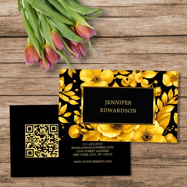 Carte De Visite Code QR fleurs noires or élégant professionnel (Elegant gold black flowers QR code professional Business Card.)