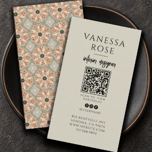 Carte De Visite Code QR Fleurs Terracotta Sage Concepteur d'Intéri