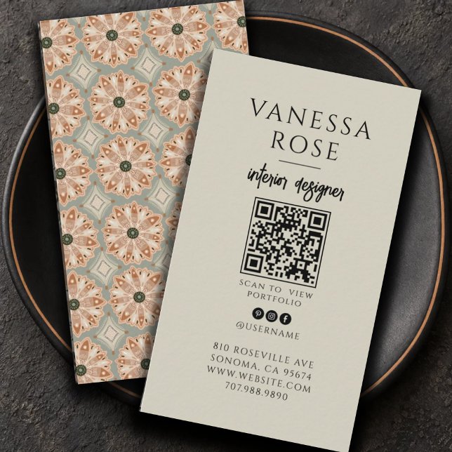 Carte De Visite Code QR Fleurs Terracotta Sage Concepteur d'Intéri (Créateur téléchargé)