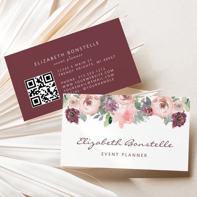Carte De Visite Code QR floral aquarelle rose et bordeaux (Créateur téléchargé)