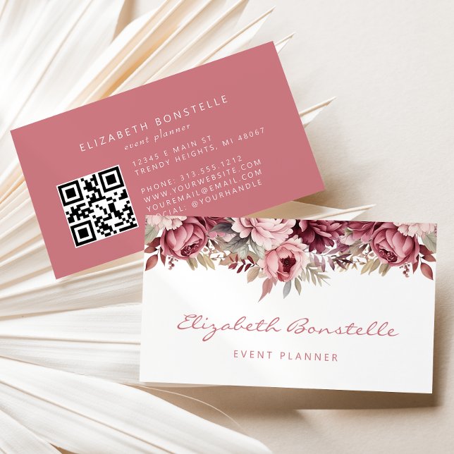 Carte De Visite Code QR floral aquarelle Rose Poussiéreuse Bourgog (Créateur téléchargé)