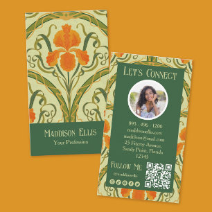 Carte De Visite Code QR floral Art nouveau vert et photo