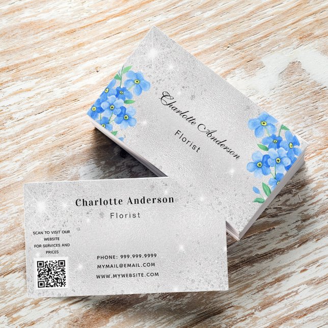 Carte De Visite Code QR floral bleu parties scintillant argenté (Créateur téléchargé)