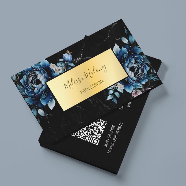 Carte De Visite Code QR | Floral Boho Aquarelle Bleue (Créateur téléchargé)
