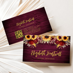 Carte De Visite Code QR floral de tournesol en bois de Bourgogne r