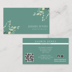 Carte De Visite Code QR floral élégant vert sauge