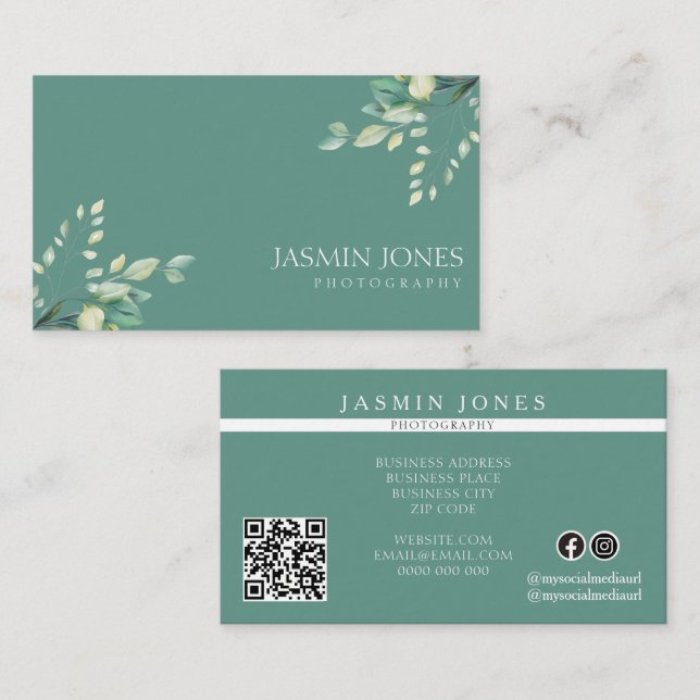 Carte De Visite Code QR floral élégant vert sauge (Devant / Derrière)
