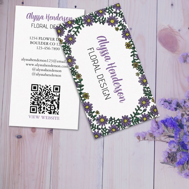 Carte De Visite Code QR Floral Élégant Violet & Blanc pour Fleuris (Créateur téléchargé)