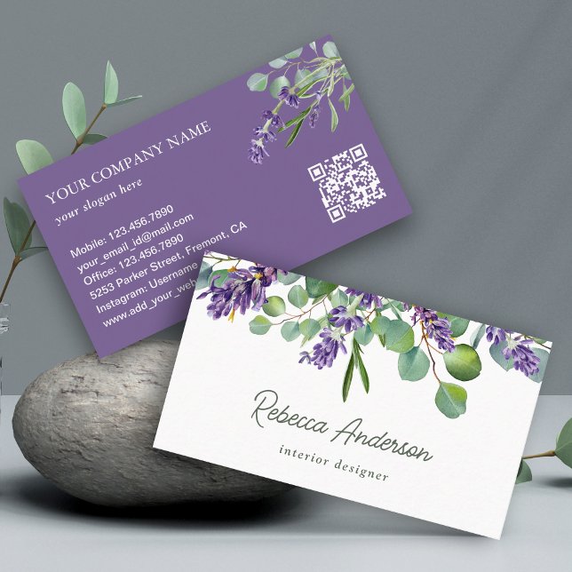Carte De Visite Code QR Floral Lavande Eucalyptus Rustique (Créateur téléchargé)