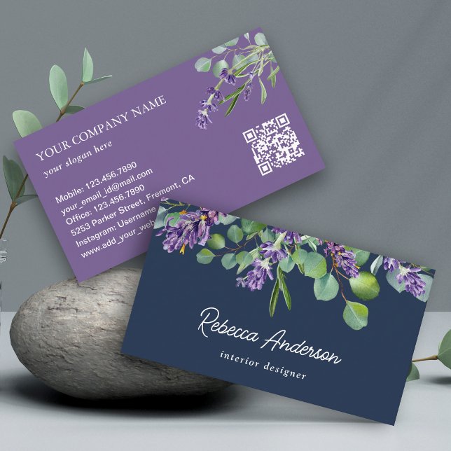 Carte De Visite Code QR Floral Lavande Rustique Eucalyptus Navy (Créateur téléchargé)