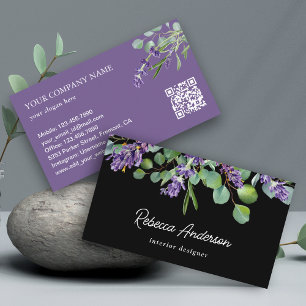 Carte De Visite Code QR Floral Lavande Rustique Eucalyptus Noir