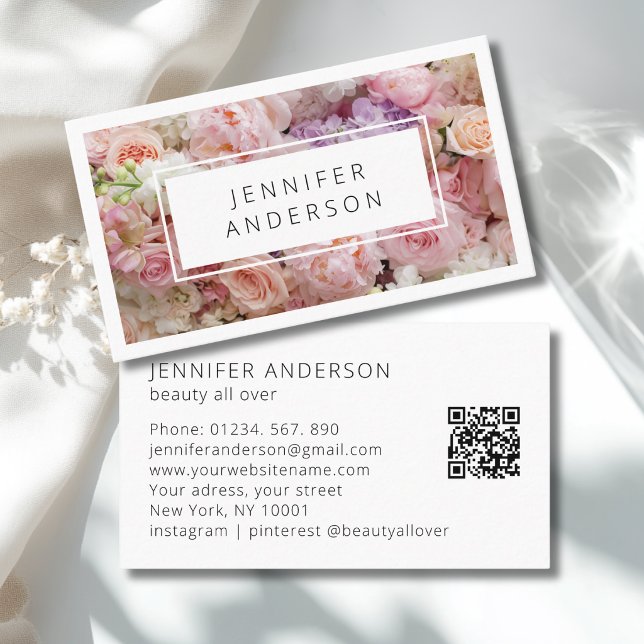 Carte De Visite Code QR floral moderne (Modern Floral QR Code Business Card)