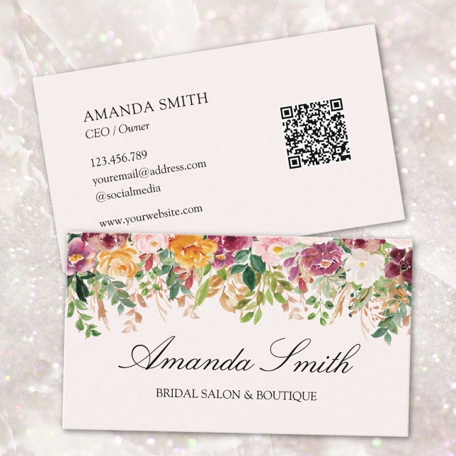 Carte De Visite Code QR floral rose aquarelle calligraphie élégant (Front and back side)