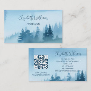 Carte De Visite Code QR Forêt de Pins Bleue Aquarelle