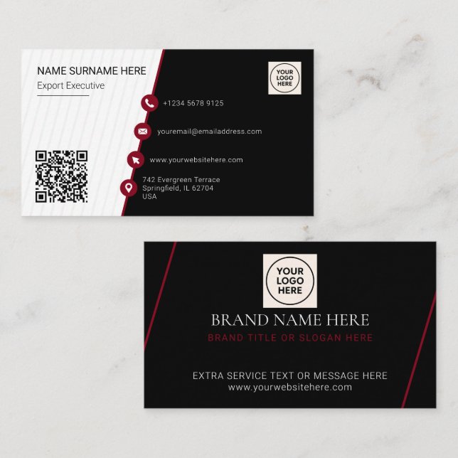Carte De Visite Code QR Formel Simple Moderne Professionnel Noir (Devant / Derrière)