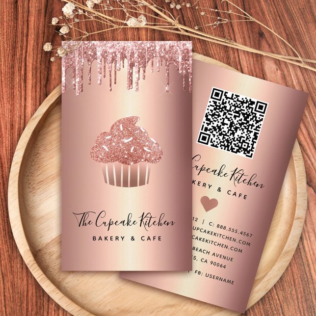 Carte De Visite Code QR Gâteaux Cupcake Rose Gold Pailleté Boulang (Créateur téléchargé)
