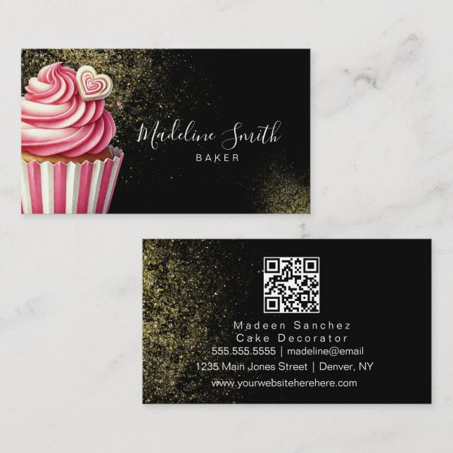 Carte De Visite Code QR Gâteaux Cupcakes Paillettes Rose Foncé (Devant / Derrière)