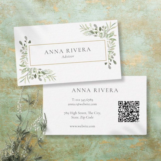 Carte De Visite Code QR géométrique doré à la gouache verte (Watercolor Greenery Gold Geometric QR Code Business Card)