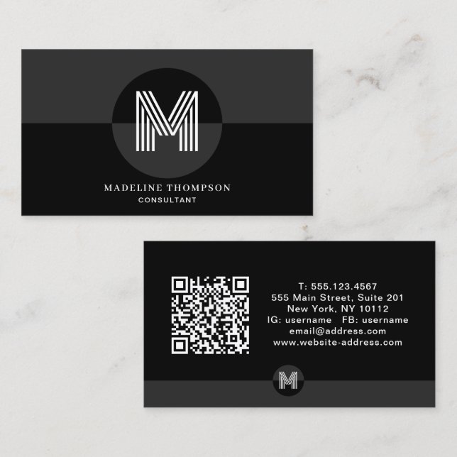 Carte De Visite Code QR géométrique moderne monogramme noir gris r (Devant / Derrière)