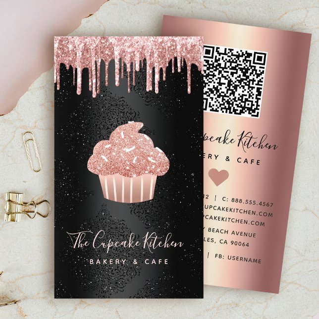 Carte De Visite Code QR Gouttes de Paillettes de Cupcake Rose sur  (Créateur téléchargé)