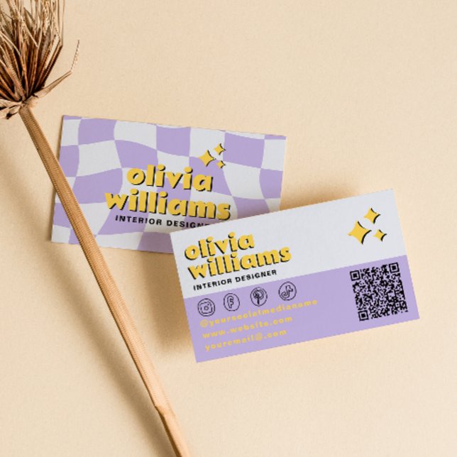 Carte De Visite Code QR gras Rétro Années 70 Branché Damier Tendan (Créateur téléchargé)