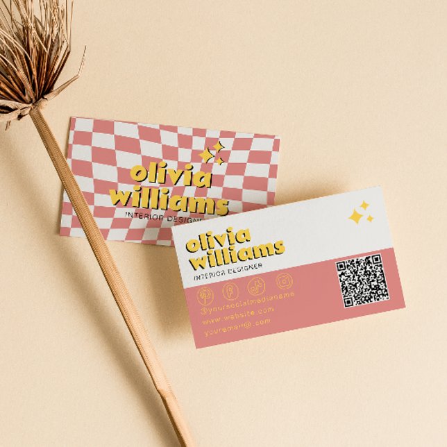 Carte De Visite Code QR gras Rétro Années 70 Branché Damier Tendan (Créateur téléchargé)